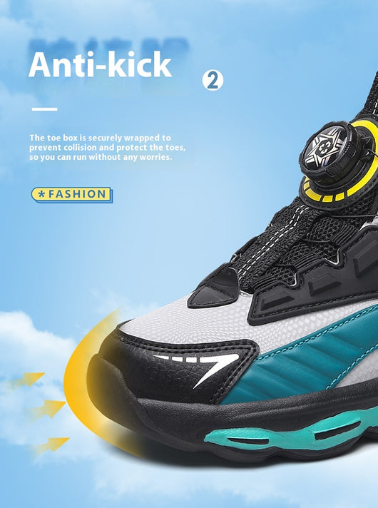 Black, white, and neon green children's basketball shoes with rotating buckle closure, featuring a mid-top design. - Image 23