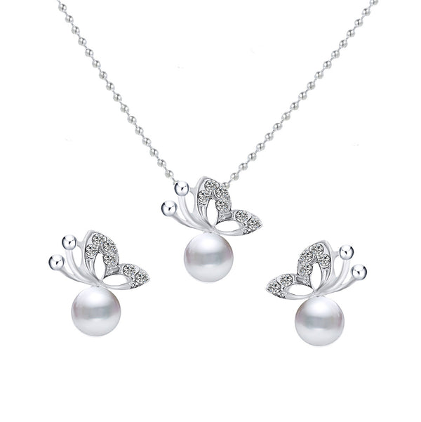 Conjunto de Aretes y Collar con Mariposa de Perla y Diamantes Completos - Image 3