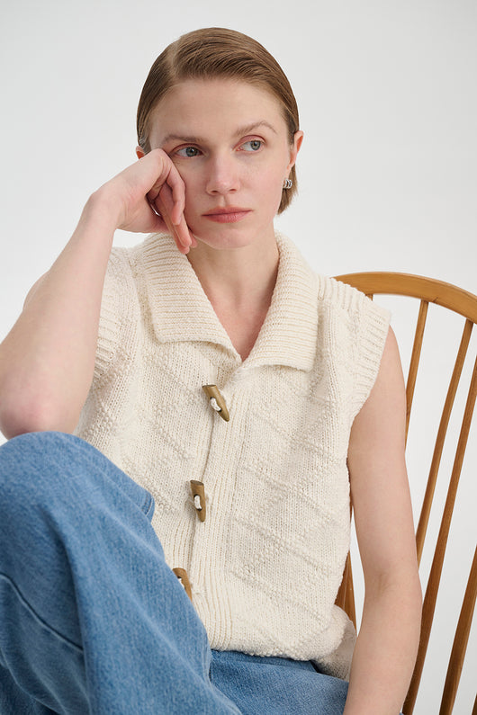 Chaleco Cardigan Tejido de Algodón con Textura Diamante - Image 3
