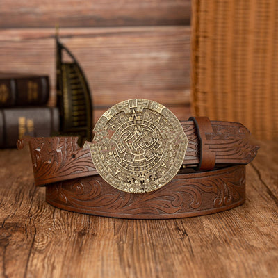 Cinturón de Cuero PU con Hebilla Calendario Azteca - Estilo Retro - Image 9