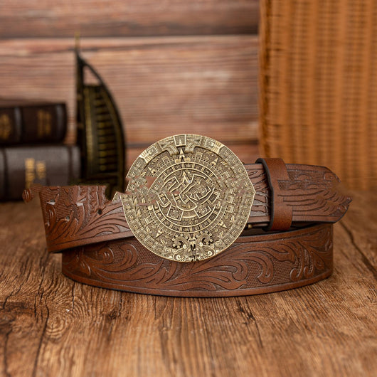 Cinturón de Cuero PU con Hebilla Calendario Azteca - Estilo Retro - Image 9