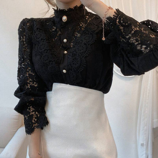 Blusa Elegante de Encaje con Cuello Alzado y Mangas Largas para Mujer - Image 7