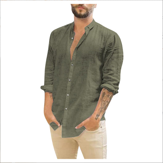 Camisa Casual de Cuello Mao Manga Larga Color Liso - Image 9