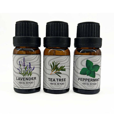 3-pack essential oil set with lavender, tea tree, and peppermint scents in amber bottles and a decorative box. - Image 8