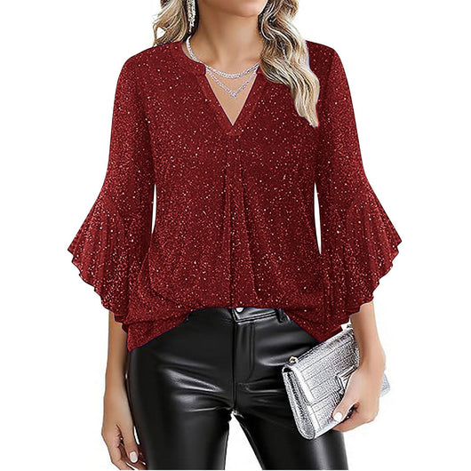 Blusa Suelta de Malla Plateada con Cuello V y Mangas 3/4 Pétalos - Image 5
