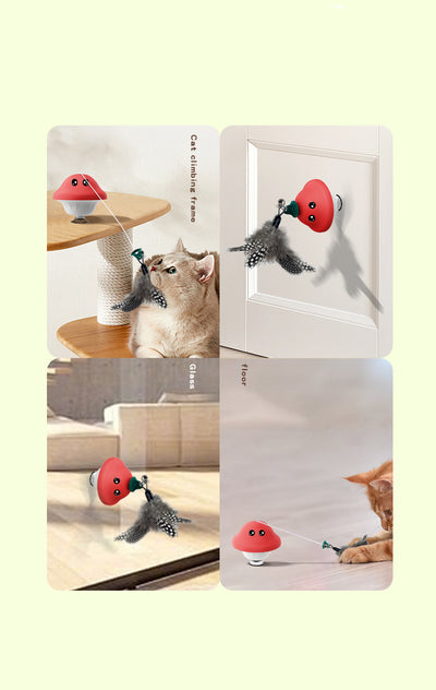 Red and white mushroom-shaped cat toy with cartoon eyes, a green loop, and a suction cup base, showing dimensions. - Image 7