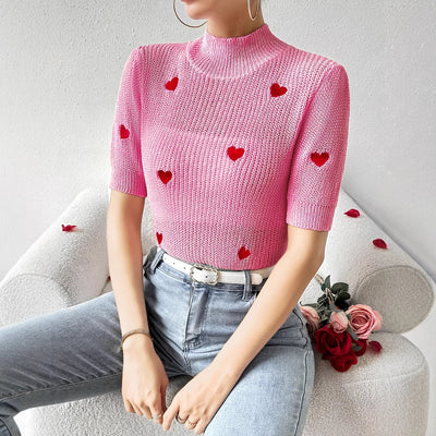 Suéter Tejido Cuello Alto con Corazón Manga Corta para Mujer - Image 10