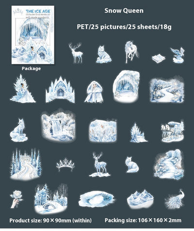 A set of 25 PET stickers featuring winter landscapes, ice castles, deer, wolves, and an ice queen in a snowy fantasy theme. - Image 25
