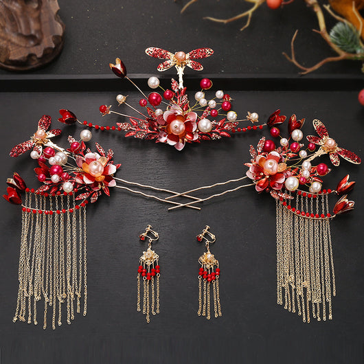 Tocado Estilo Antiguo con Flores Rojas y Flecos - Corona de Pelo Nupcial - Image 25