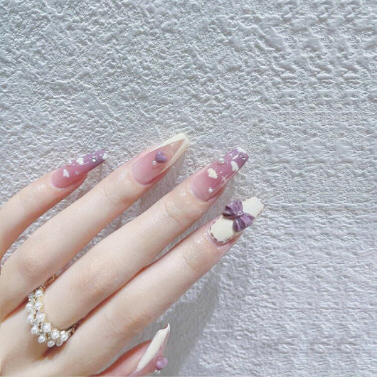 Uñas Postizas Adhesivas Degradado Púrpura Taro - Diseño Nebulosa Floral