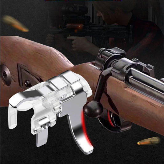 Pair of transparent and silver mobile gaming triggers with pistol-grip style levers for smartphone attachment.