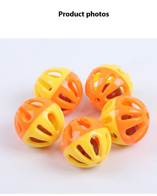 Five colorful plastic pet bell balls in red, yellow/orange, lime green, and hot pink, with hollow designs. - Image 14
