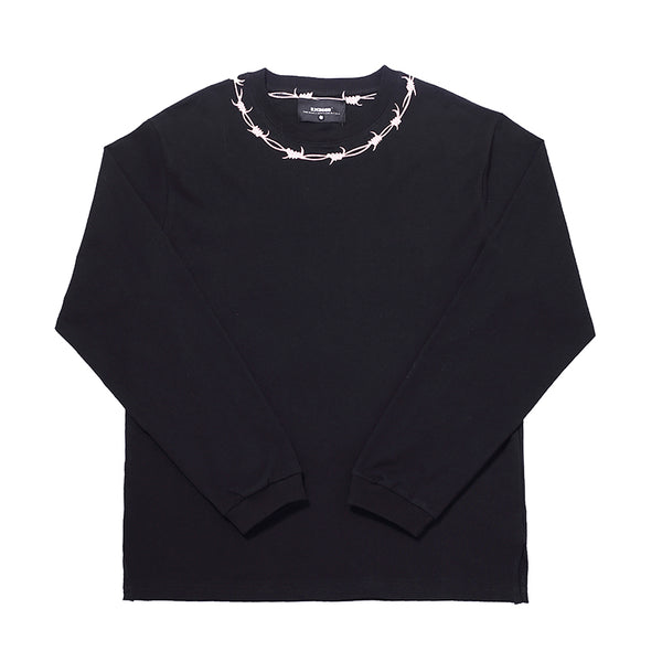 Camiseta Manga Larga Holgada con Escote de Espinas Bordadas y Abertura Lateral