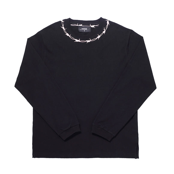Camiseta Manga Larga Holgada con Escote de Espinas Bordadas y Abertura Lateral
