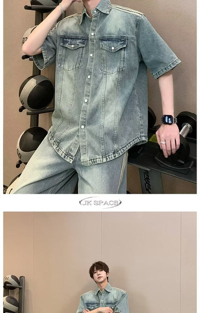 Camisa Denim Retro con Tres Rayas Laterales para Hombre - Image 35