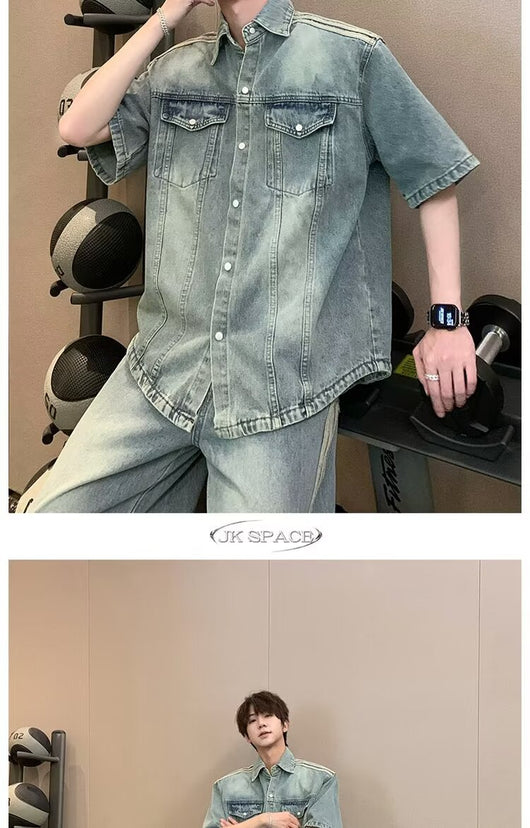 Camisa Denim Retro con Tres Rayas Laterales para Hombre - Image 35