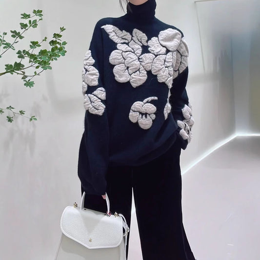 Suéter Retro de Punto Holgado con Cuello Alto y Flores Tridimensionales