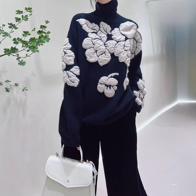 Suéter Retro de Punto Holgado con Cuello Alto y Flores Tridimensionales
