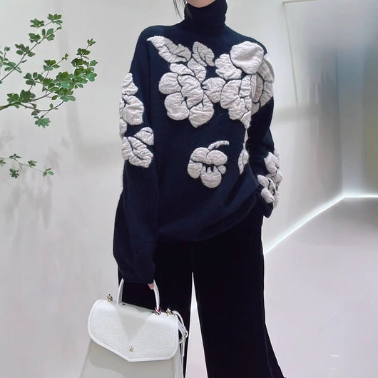 Suéter Retro de Punto Holgado con Cuello Alto y Flores Tridimensionales