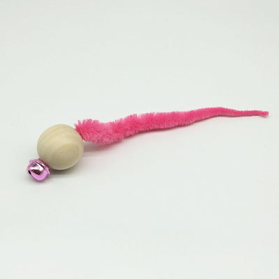 Wooden bead cat toy with a golden bell and a neon yellow fuzzy worm-like attachment on a white background. - Image 15
