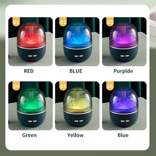 White essential oil diffuser and humidifier with a clear dome top, glowing red inside, and blue LED base light. - Image 3