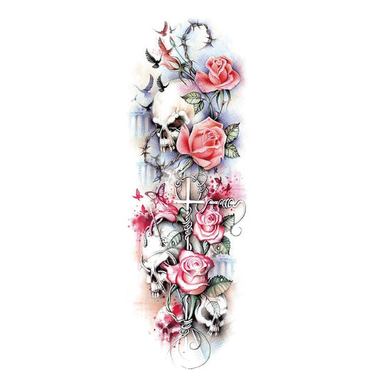 Full arm temporary tattoo sticker with a black, red, and light blue tribal design, featuring abstract shapes and patterns. - Image 4