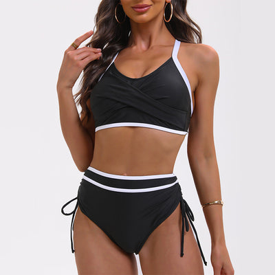 Black and white color matching bikini swimsuit with a high-waisted drawstring bottom and a split top.