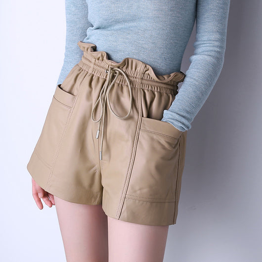 Shorts de Cuero Oveja con Bolsillos de Cordón - Casual Premium