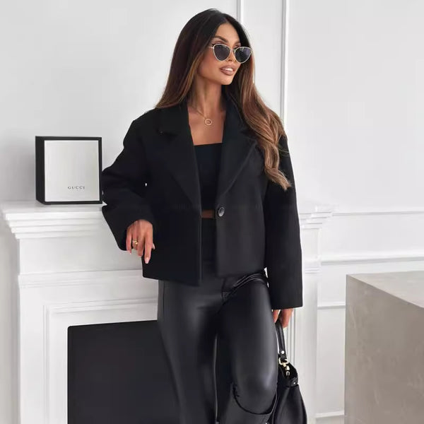 Abrigo de Lana con Cuello de Traje para Mujer - Colores Sólidos Otoño Invierno