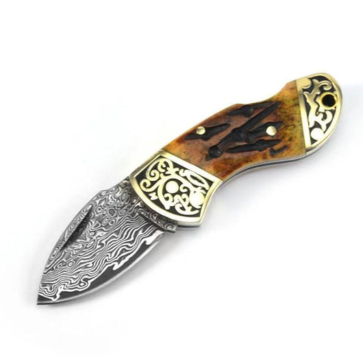Cuchillo Plegable de Acero Damasceno con Mango de Hueso de Res y Latón Puro - Image 2