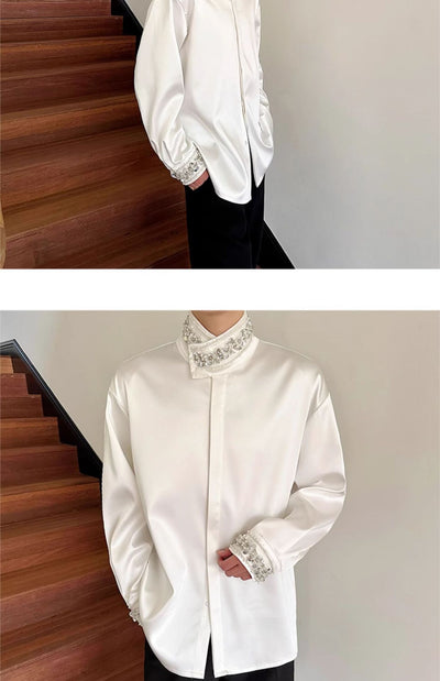 Camisa de Satén Elegante para Hombre con Cuello Mao y Detalles de Lentejuelas Brillantes - Image 17