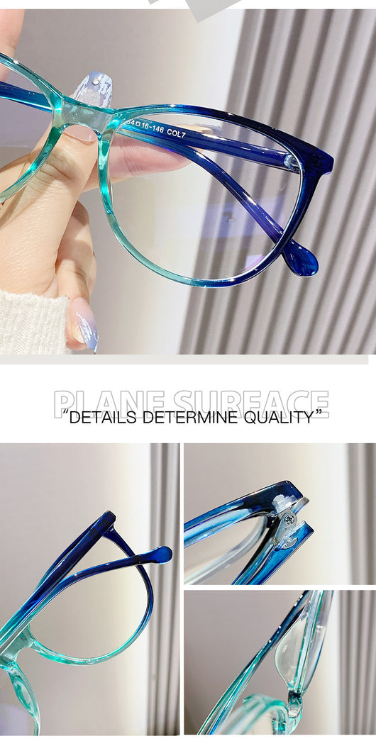 Black full-frame round anti-blue light glasses held by a hand with a gold ring and light blue gradient nails. - Image 22