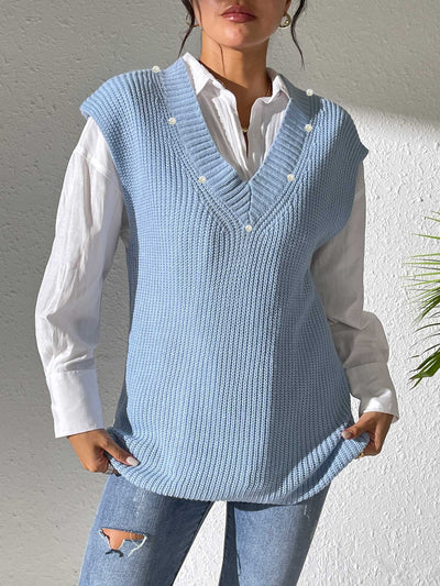 Chaleco Tejido con Perlas en Escote V - Elegancia Minimalista - Image 22