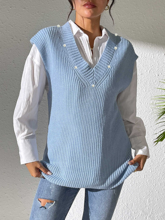 Chaleco Tejido con Perlas en Escote V - Elegancia Minimalista - Image 22