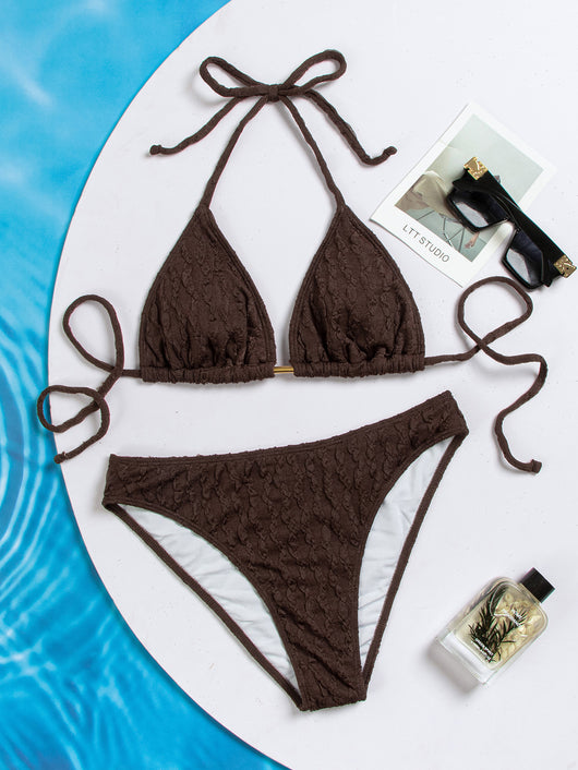 Dark brown textured bikini set with triangle bra top and tie-side bottoms, featuring a small gold metal accent. - Image 14