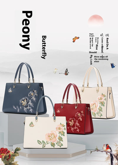 Bolso Diana de Cuero con Bordado de Peonía y Mariposa - Gran Capacidad - Image 11
