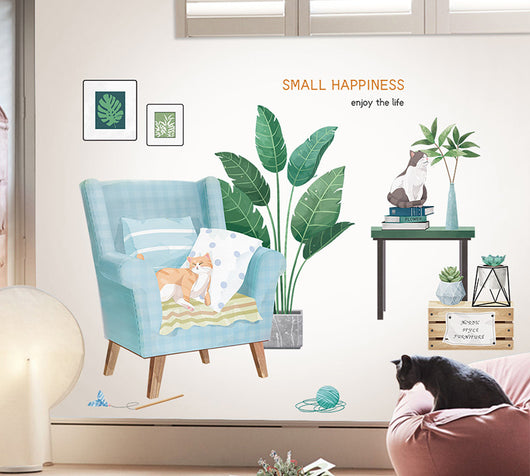 Cartoon cat wall sticker featuring multiple playful cats, one reaching for a fish, with "I LOVE FISH" text. - Image 32