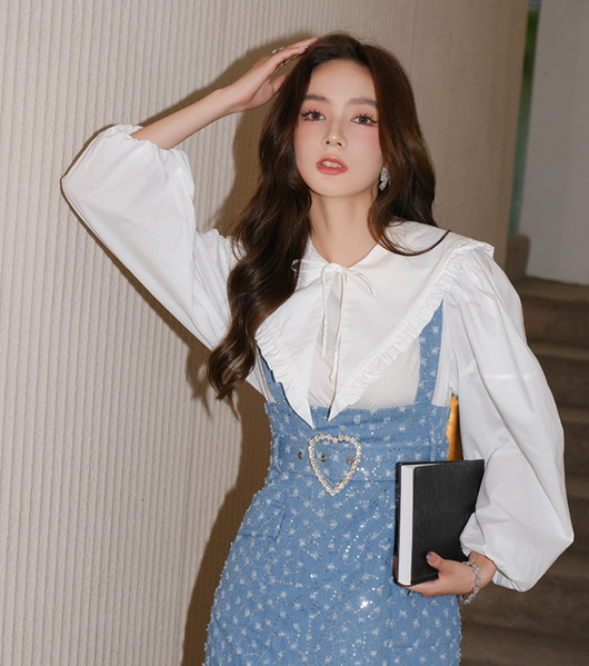 Falda Vestido Denim con Bordado de Cuentas y Tirantes - Image 23