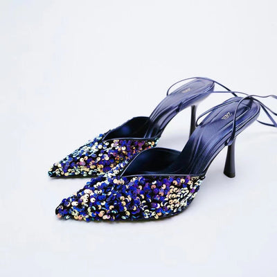 Mulas Tacón Alto con Lentejuelas Negras y Azules