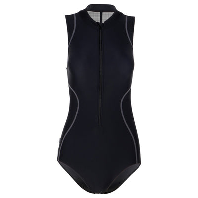 Black slim fit one-piece swimsuit with a high neck and a mesh back panel featuring a colorful abstract pattern. - Image 4