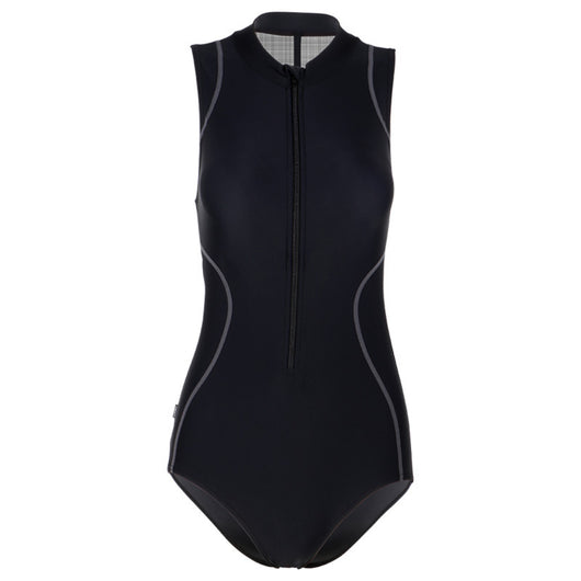 Black slim fit one-piece swimsuit with a high neck and a mesh back panel featuring a colorful abstract pattern. - Image 4