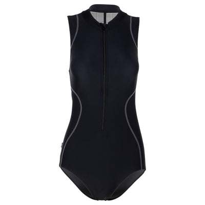 Black slim fit one-piece swimsuit with a high neck and a mesh back panel featuring a colorful abstract pattern. - Image 11