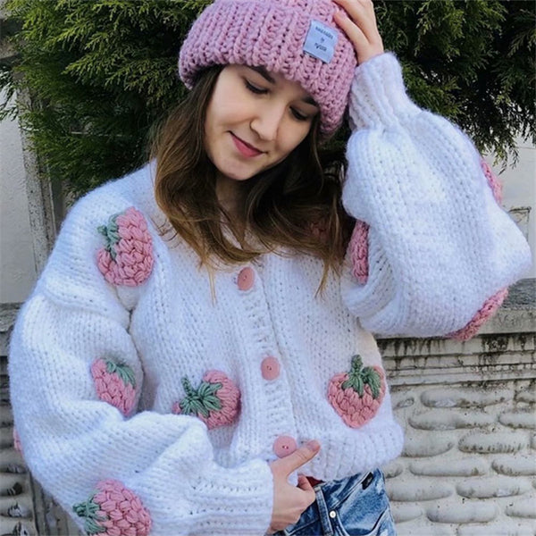 Cardigan Tejido a Mano con Bordado de Frutas y Jacquard