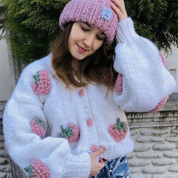 Cardigan Tejido a Mano con Bordado de Frutas y Jacquard