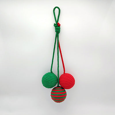 Red and green striped cotton rope ball cat toy with two rope tails, ideal for Christmas interactive play. - Image 9