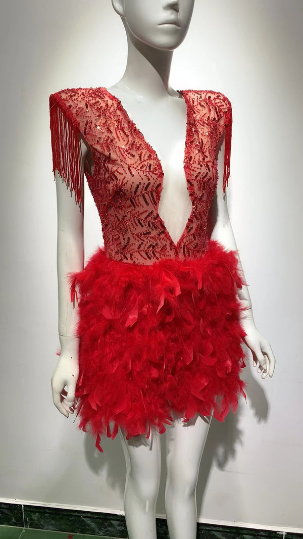 Vestido Corto Escote V con Flecos y Plumas - Ideal para Verano - Image 3