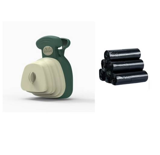 Blue and black foldable pet poop bag dispenser with an integrated scoop, ideal for travel and outdoor use. - Image 19