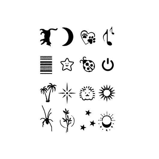 Sheet of 24 black outline doodle temporary tattoo stickers including a bow, heart, crown, sun, stars, and flowers. - Image 23