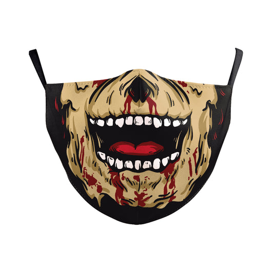 Beige double-layer dust mask with ear hooks, featuring a digital print of a wide, creepy smile with white teeth and red gums. - Image 9