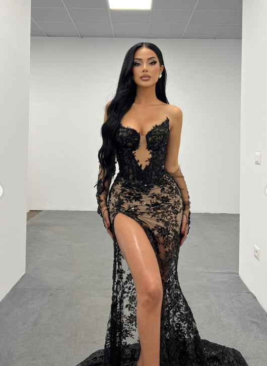 Vestido Largo Ajustado Negro con Encaje y Malla - Diseño Elegante con Abertura - Image 8